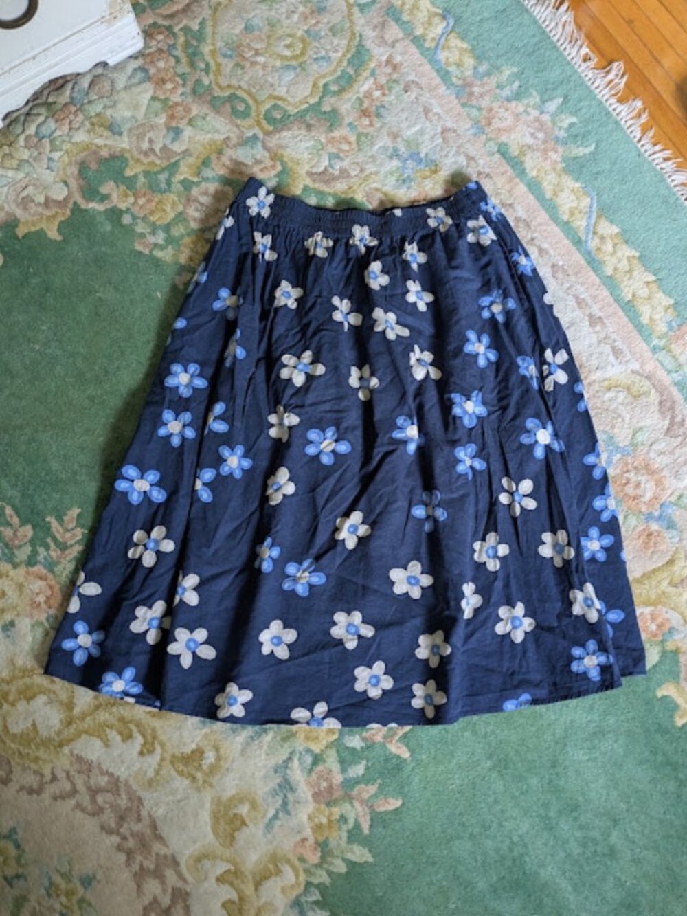UNIQLO MARIMEKKO Women Sz XL Skirt Floral Blue Pockets Midi Linen Rayon Cotton